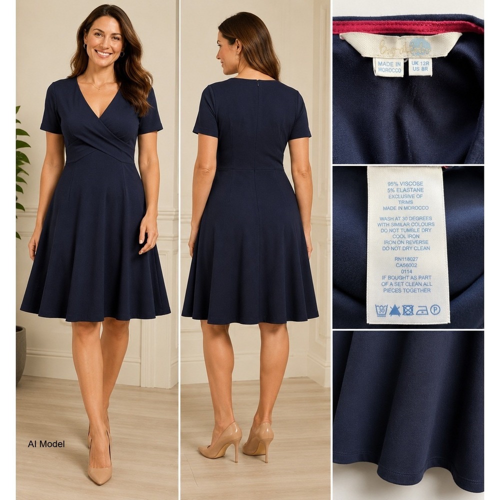 Boden Navy Faux Wrap Fit Flare Dress size 4 Office Career Classic Wedding Guest
